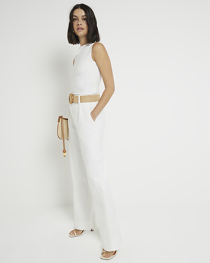 White belted wide leg trousers