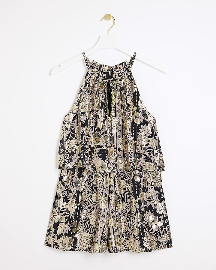 Petite black glitter floral playsuit