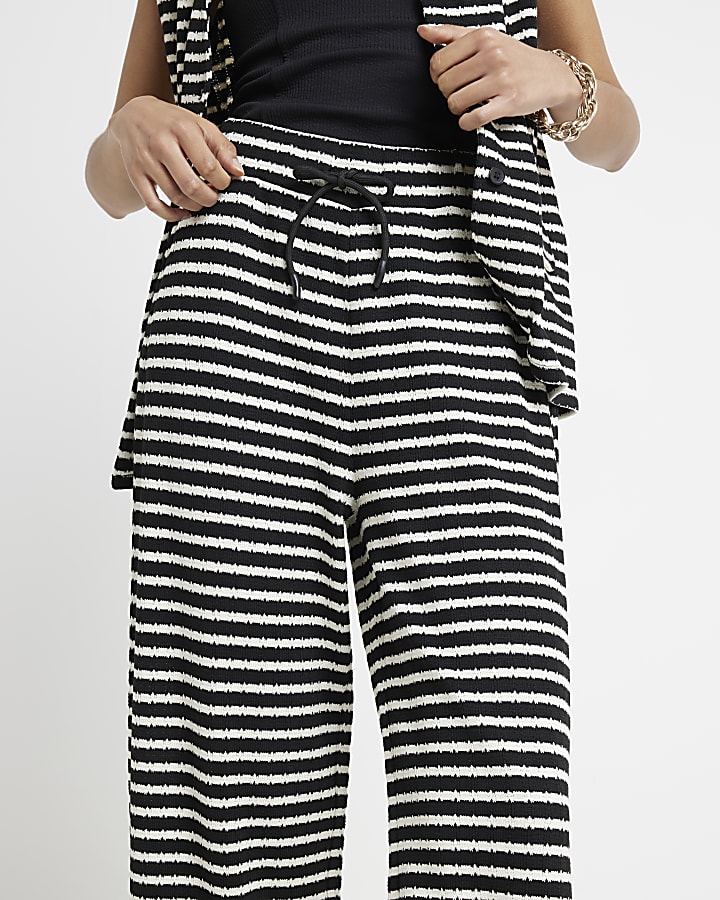 Black Textured Stripe Wide Leg Trousers