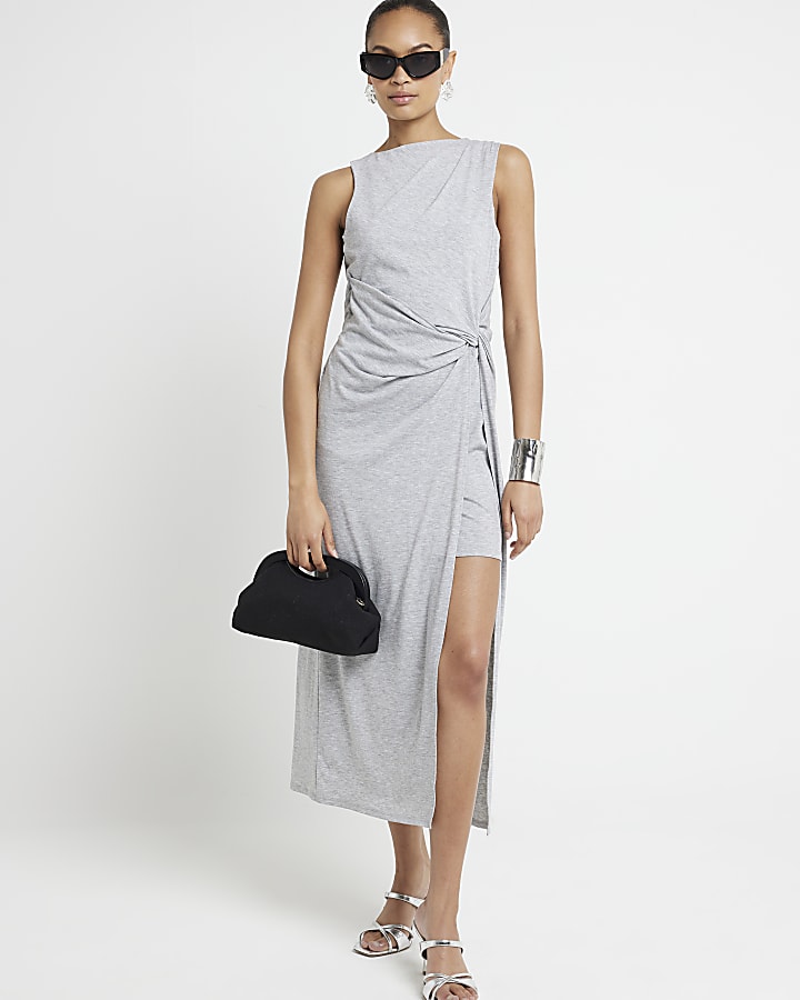 Grey cowl back bodycon midi dress