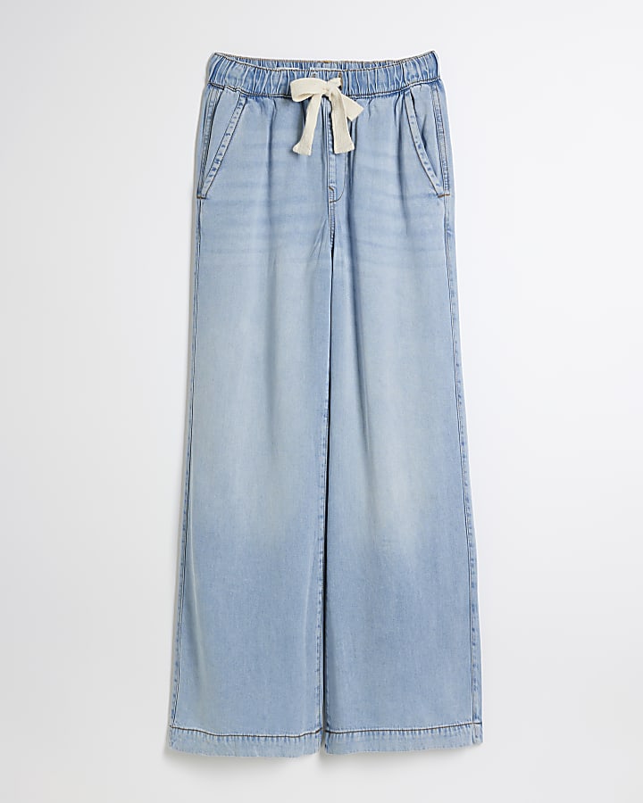 Blue mid rise drawstring loose wide leg jeans