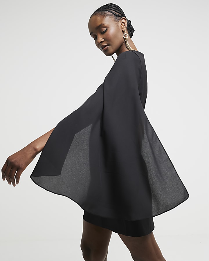 Black Cape Detail Shift Mini Dress