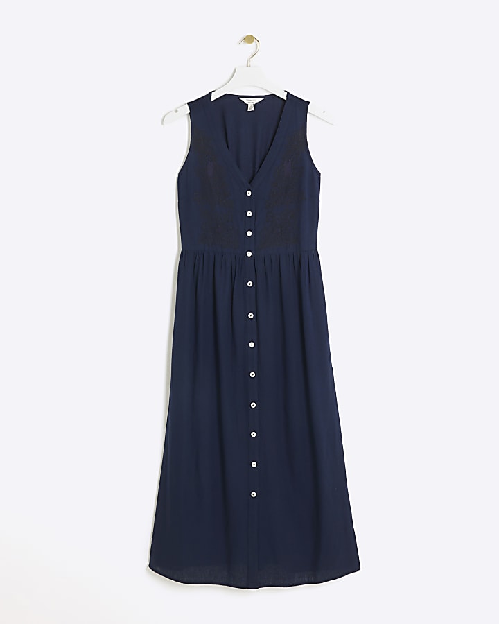 Navy linen blend embroidered smock midi dress