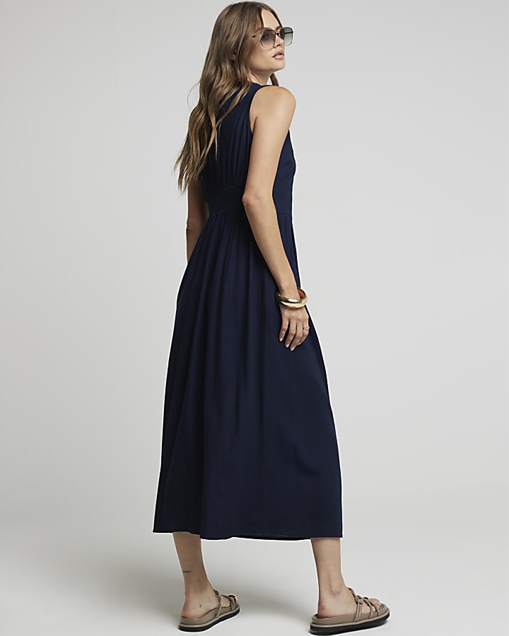 Navy linen blend embroidered smock midi dress