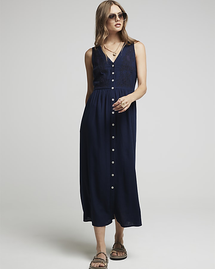 Navy linen blend embroidered smock midi dress