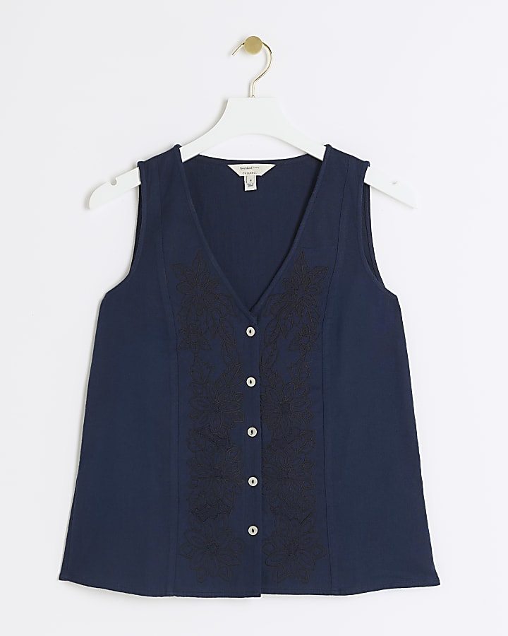 Navy linen blend embroidered waistcoat