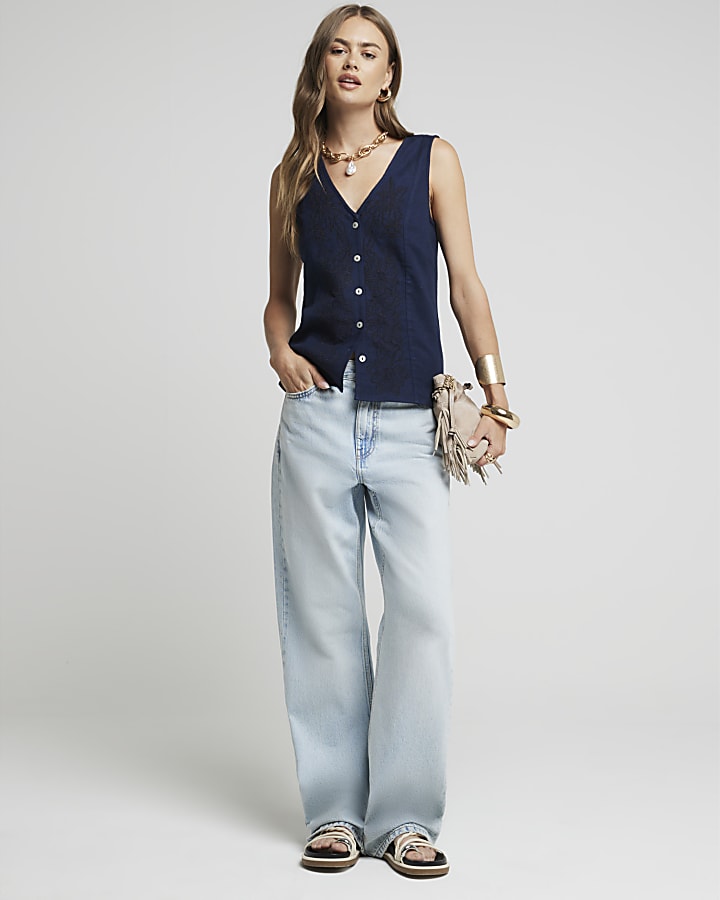 Navy linen blend embroidered waistcoat