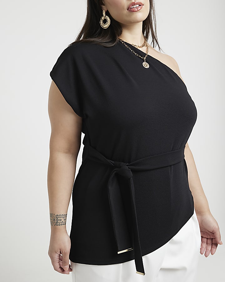 Plus Black Belted Asymmetric Top