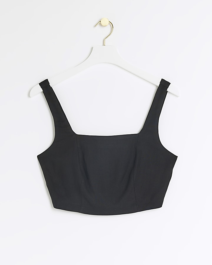 Black linen blend crop top