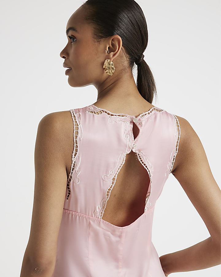 Pink broderie slip midi dress