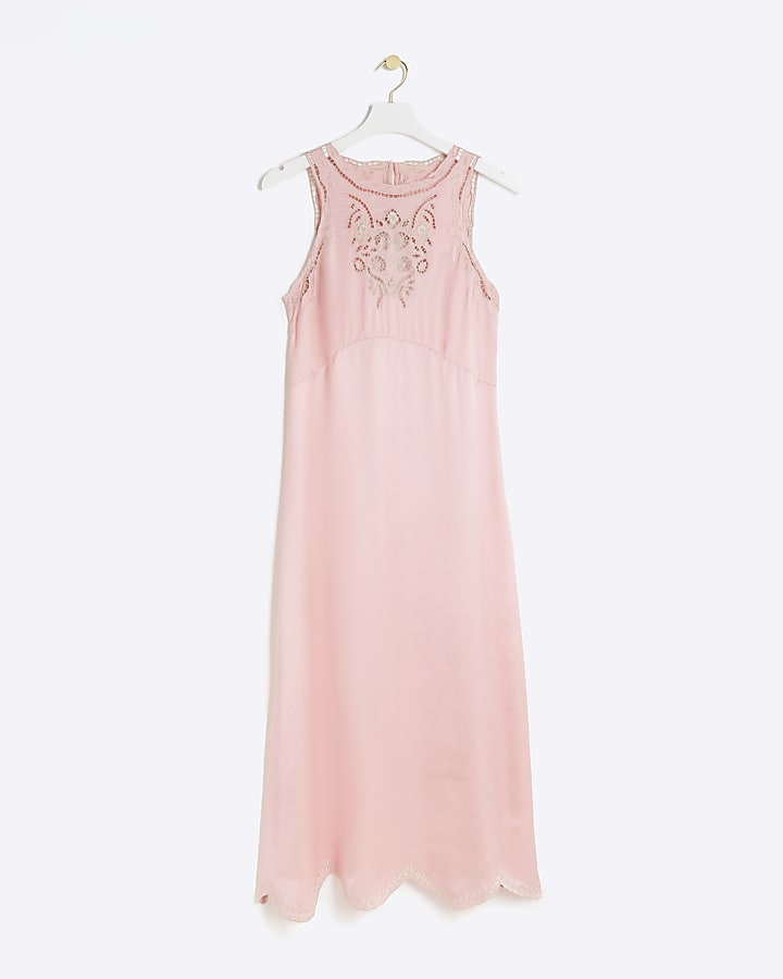 Pink broderie slip midi dress