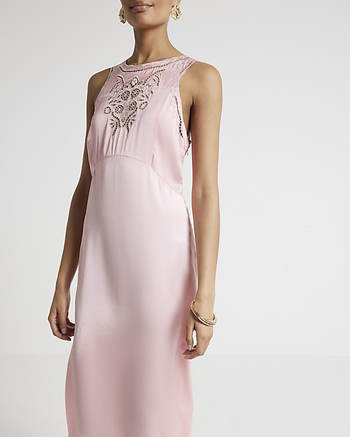 Pink broderie slip midi dress