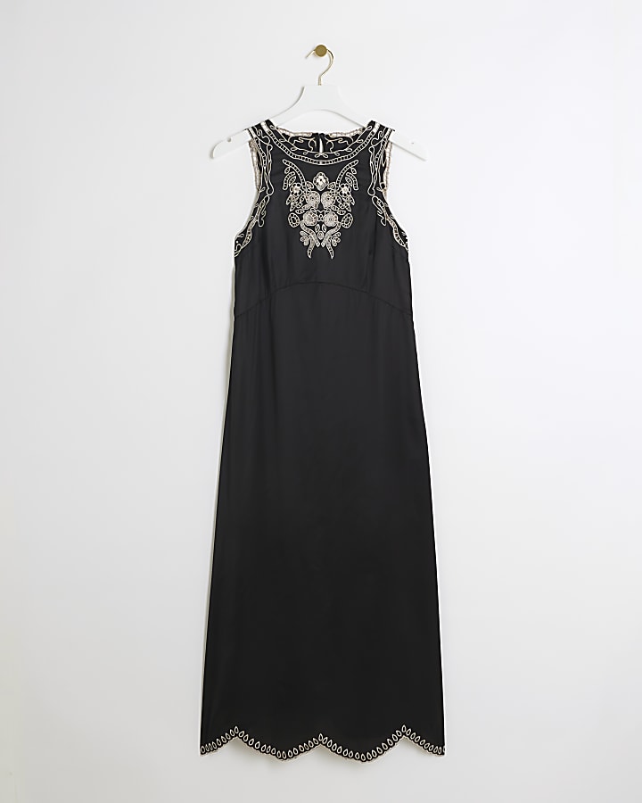 Black broderie Slip Midi Dress