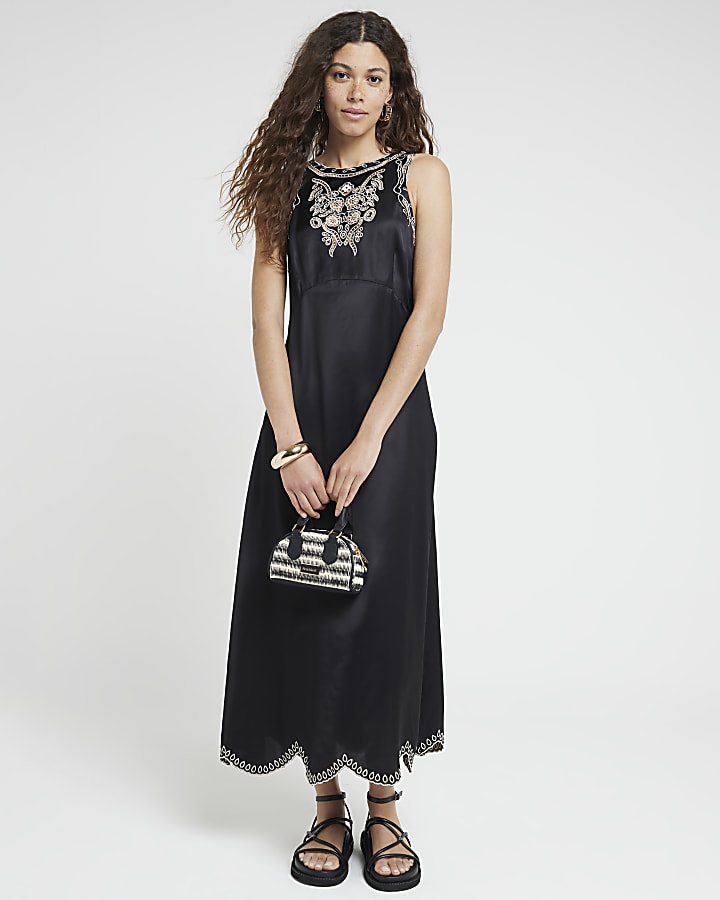 Black broderie Slip Midi Dress