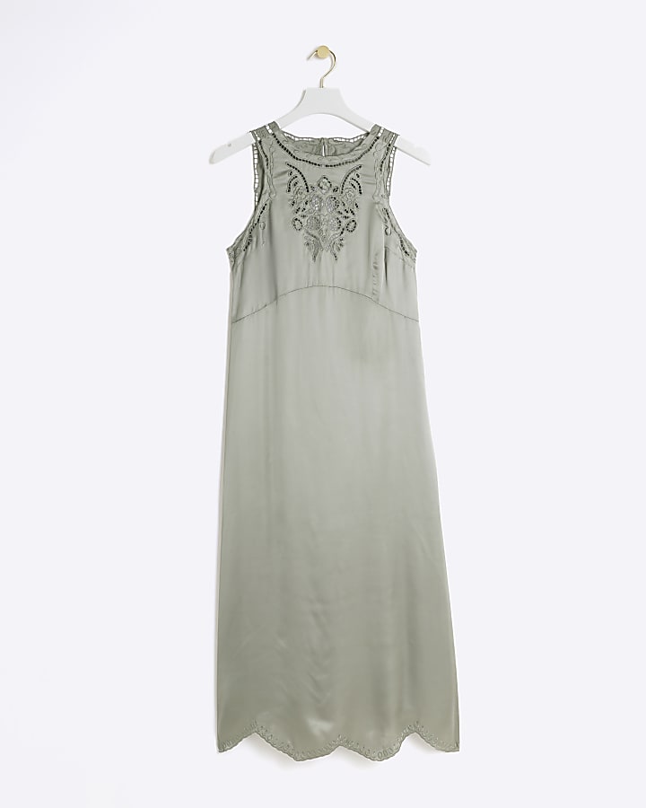 Khaki broderie slip midi dress