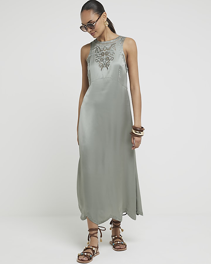 Khaki broderie slip midi dress