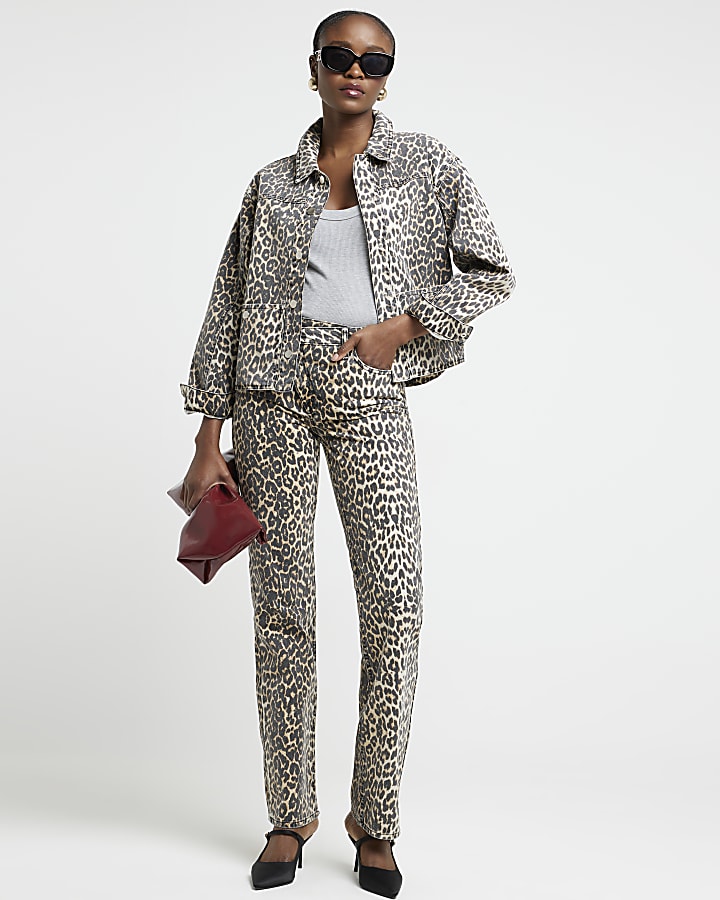 Beige leopard print denim shacket River Island