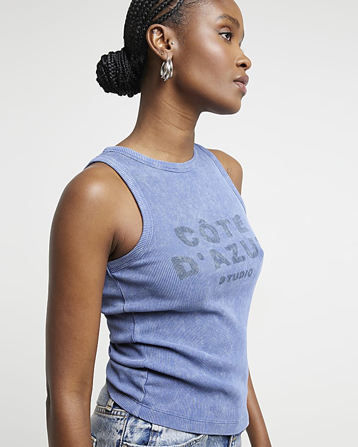 Blue ribbed graphic vest top