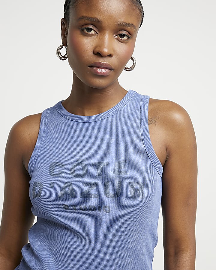 Blue ribbed graphic vest top