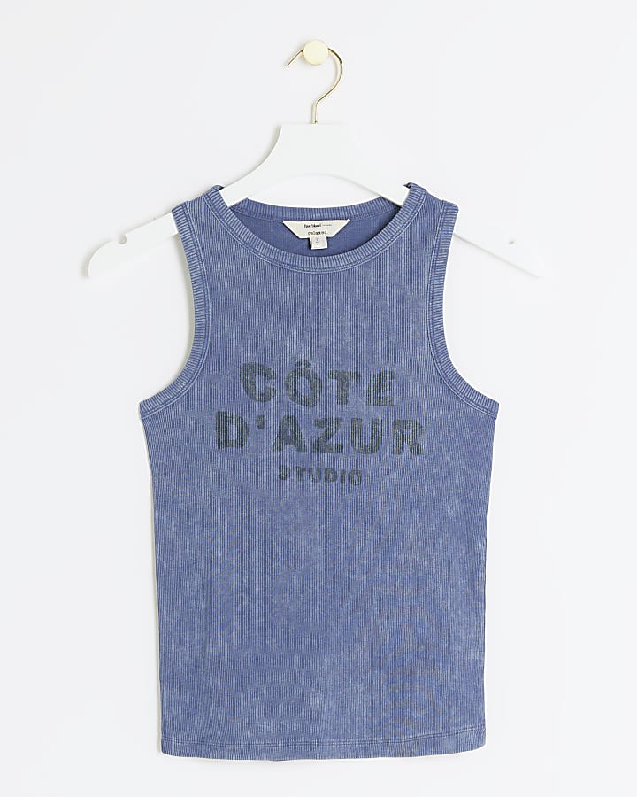 Blue ribbed graphic vest top