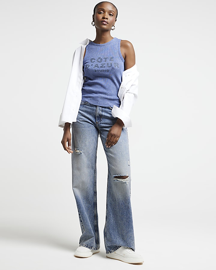 Blue ribbed graphic vest top