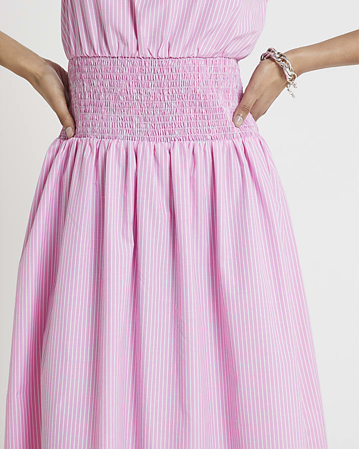 Pink stripe shirred waisted skater midi dress