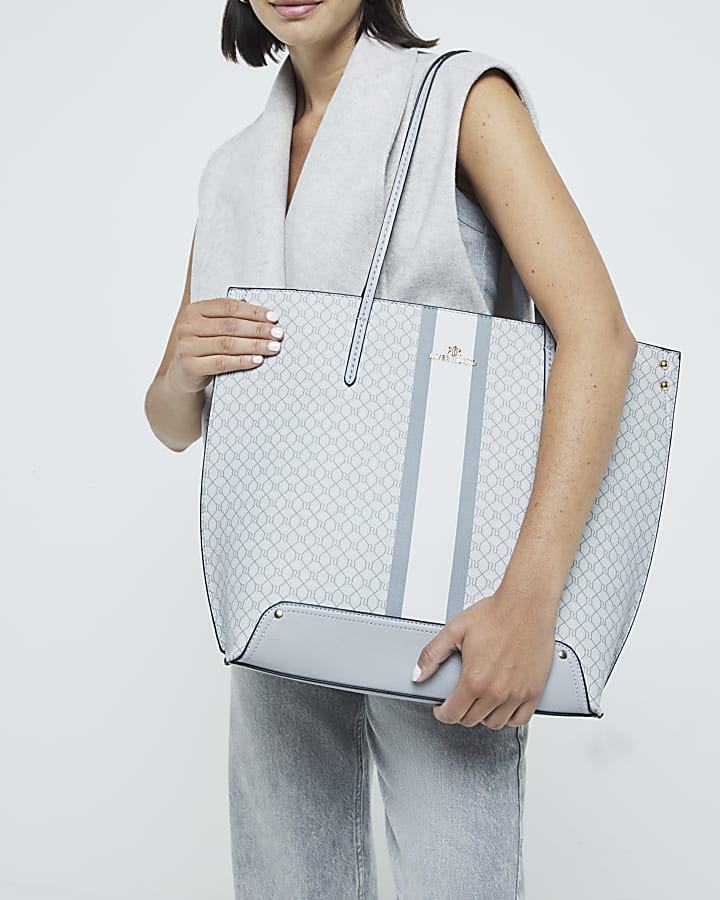 Grey RI monogram stripe tote bag River Island