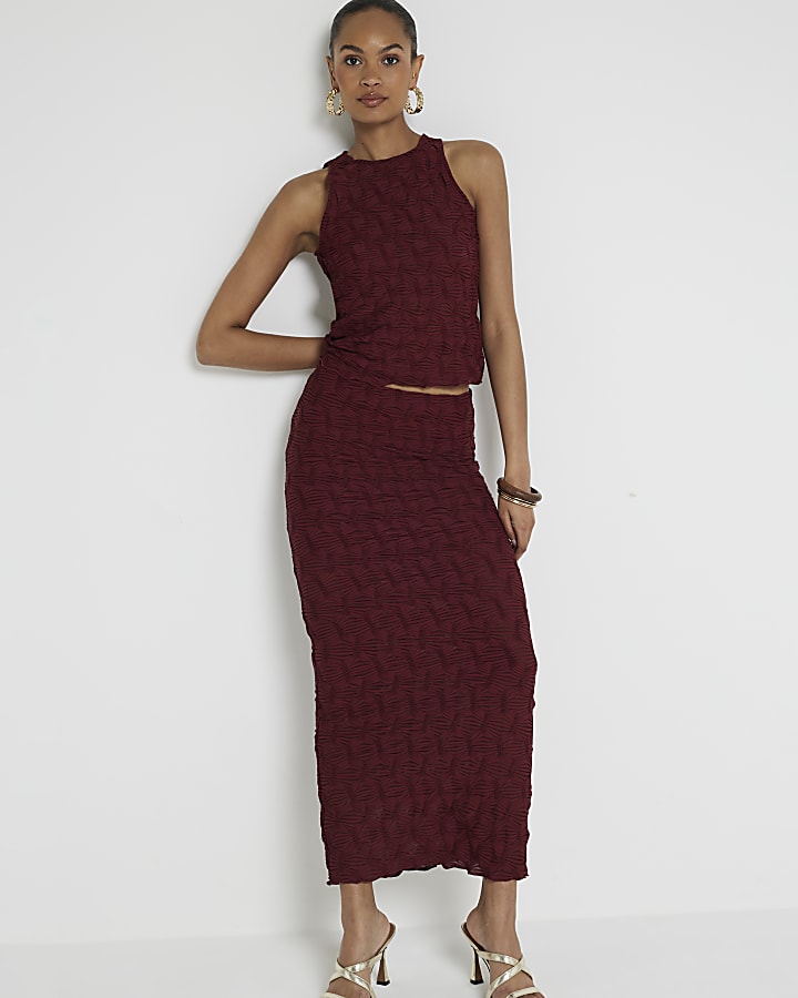 Red  textured midi skirt