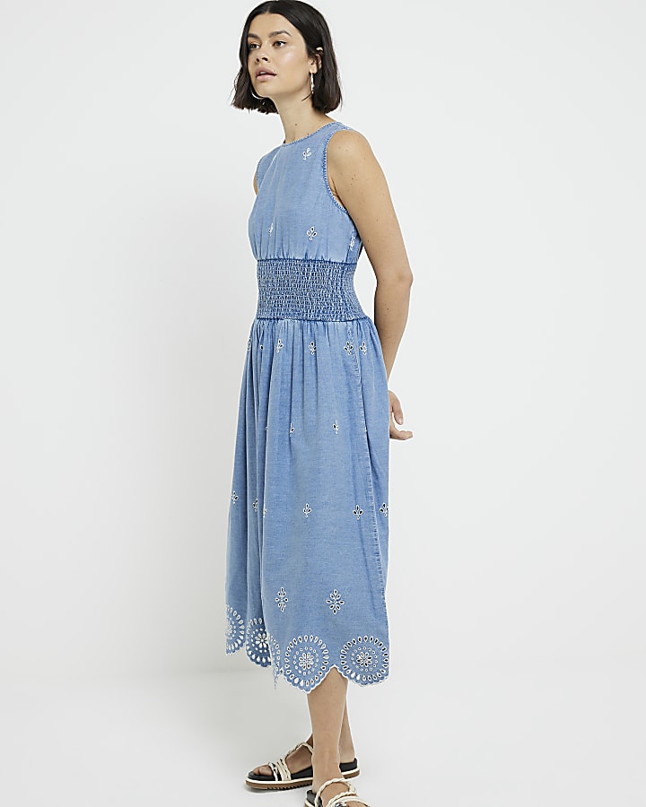 Blue denim broderie skater midi dress