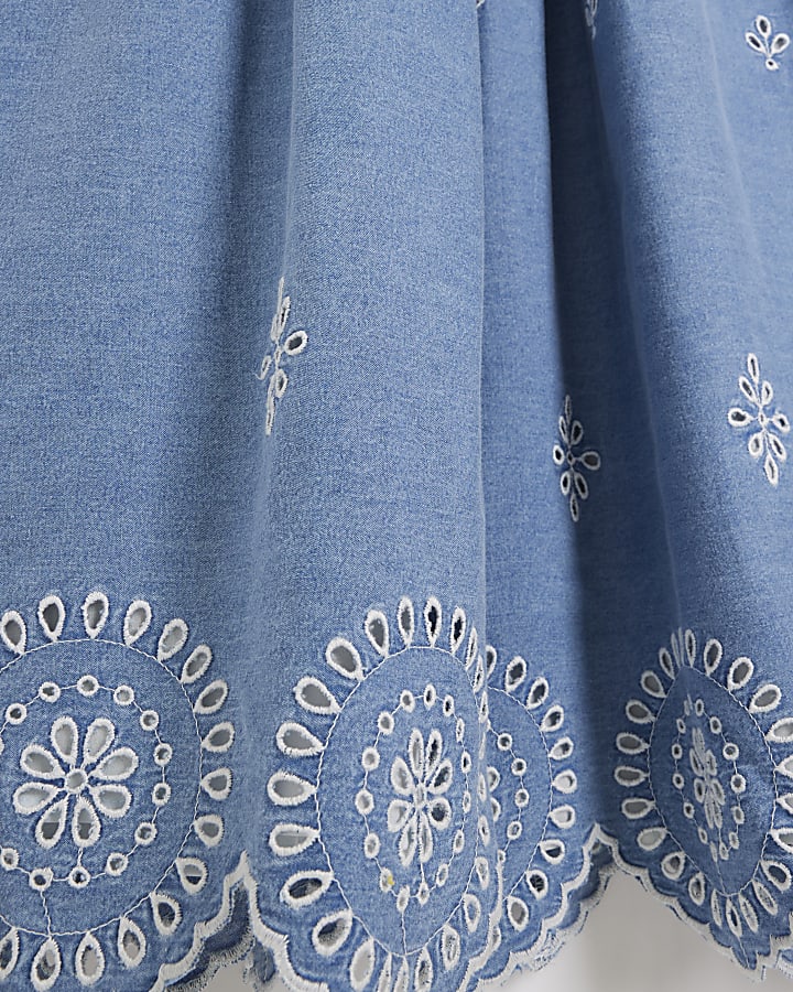 Blue denim broderie skater midi dress