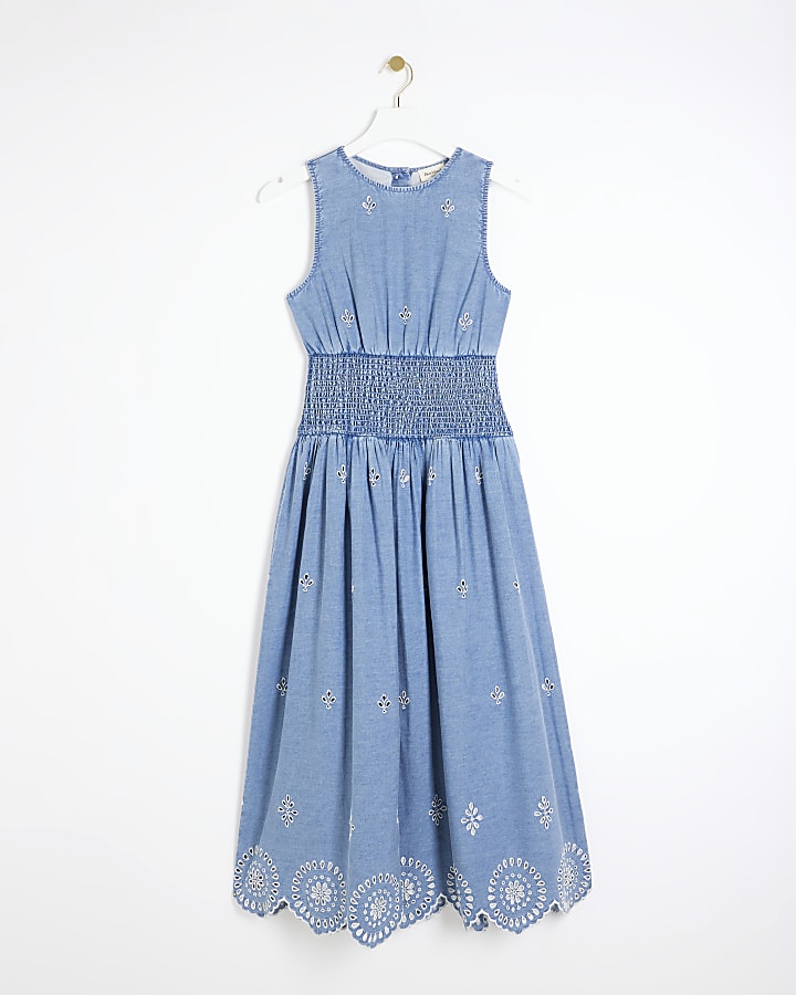 Blue denim broderie skater midi dress
