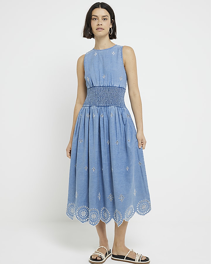 Blue denim broderie skater midi dress