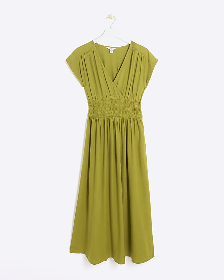 Khaki linen blend shirred skater midi dress