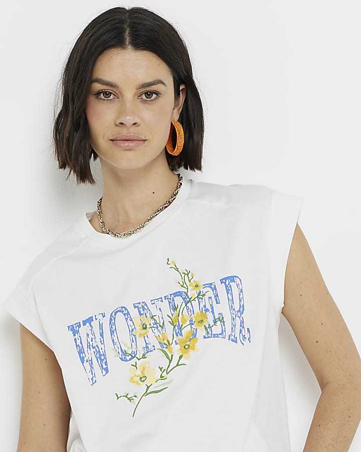 Cream floral graphic rib cuff t-shirt