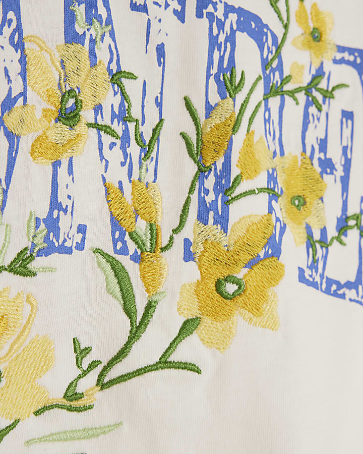 Cream floral graphic rib cuff t-shirt