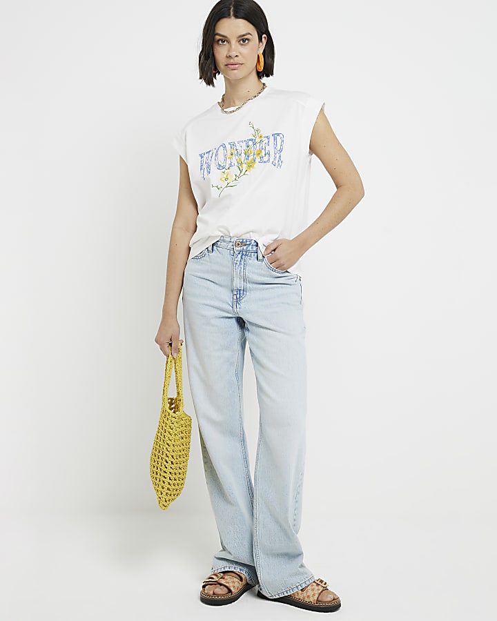 Cream floral graphic rib cuff t-shirt