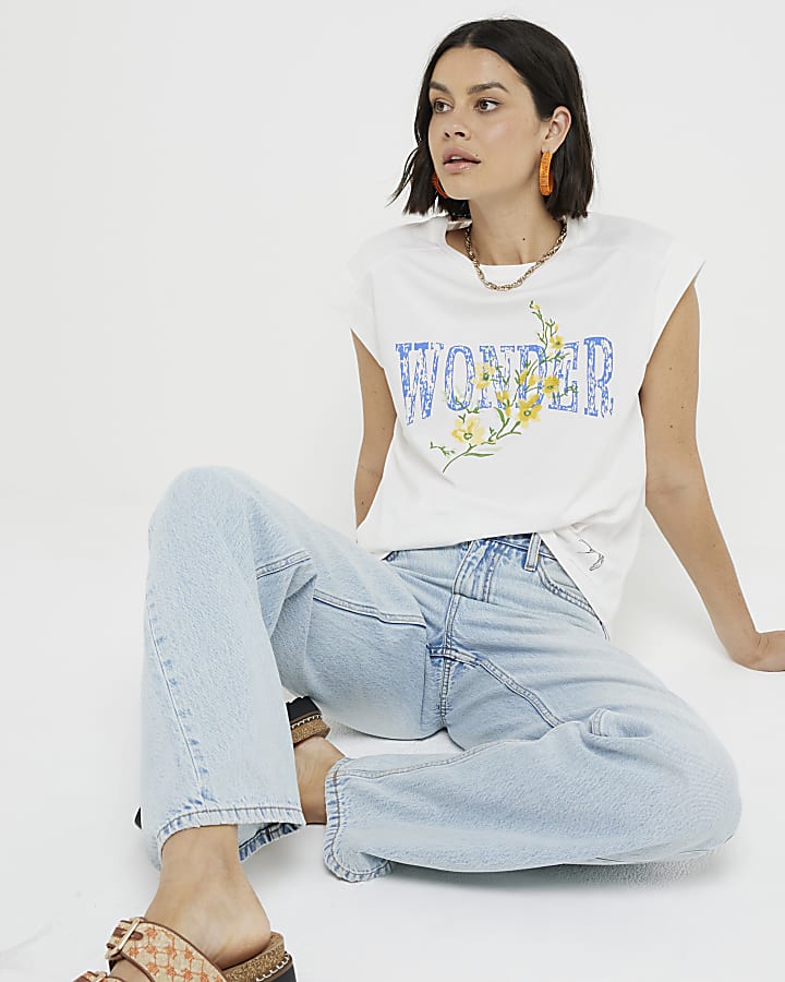 Cream floral graphic rib cuff t-shirt