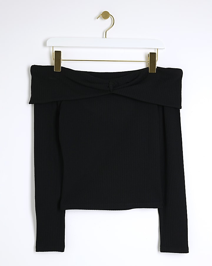 Black ribbed knot bardot top