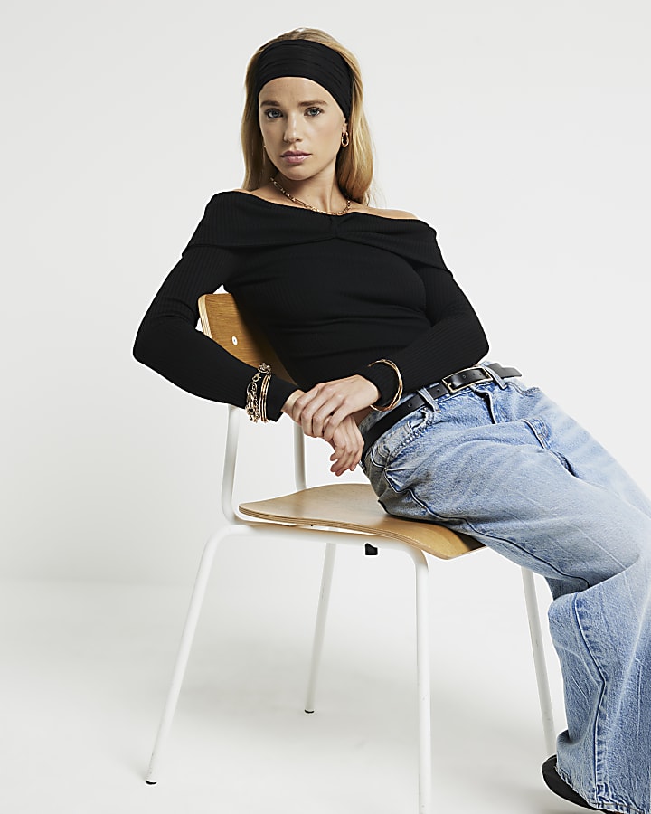 Black ribbed knot bardot top