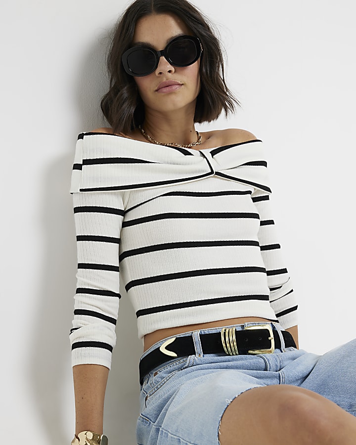 White ribbed stripe knot bardot top