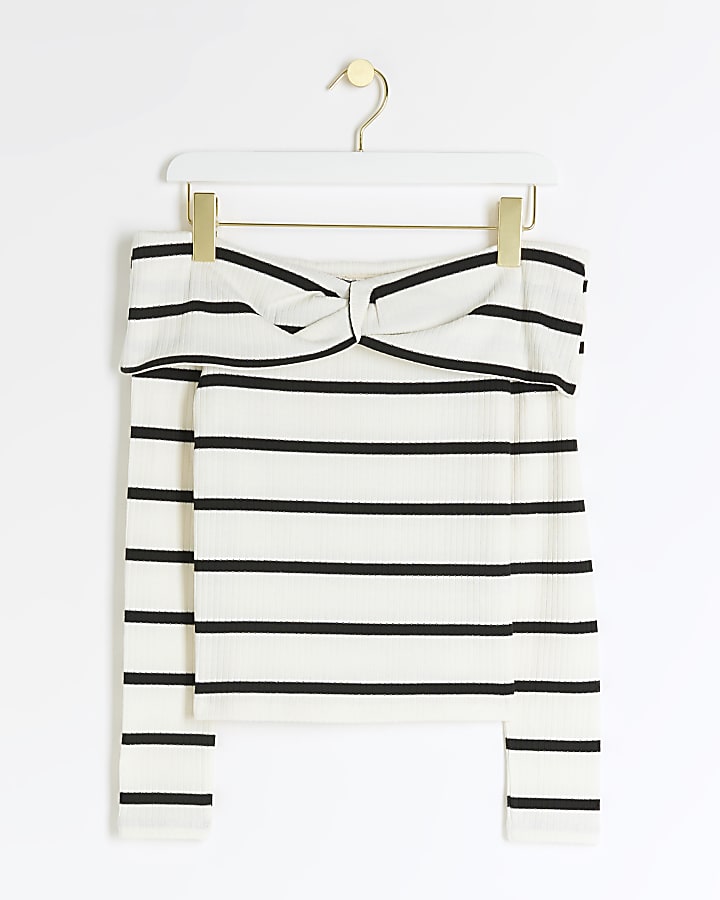 White ribbed stripe knot bardot top