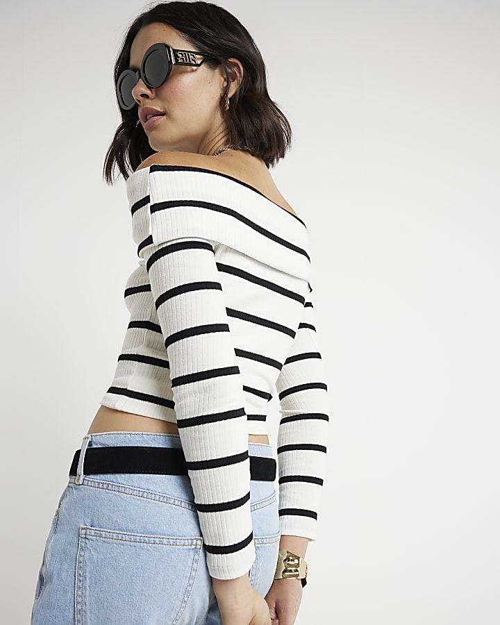 White ribbed stripe knot bardot top