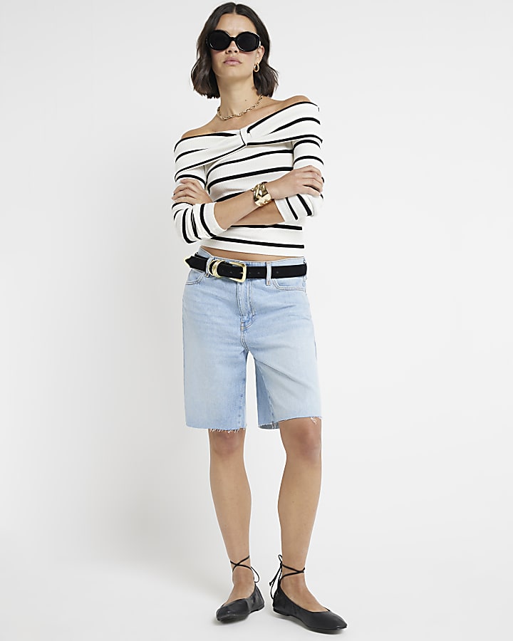 White ribbed stripe knot bardot top