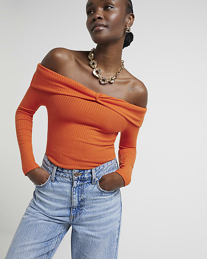 Red ribbed knot bardot top River Island