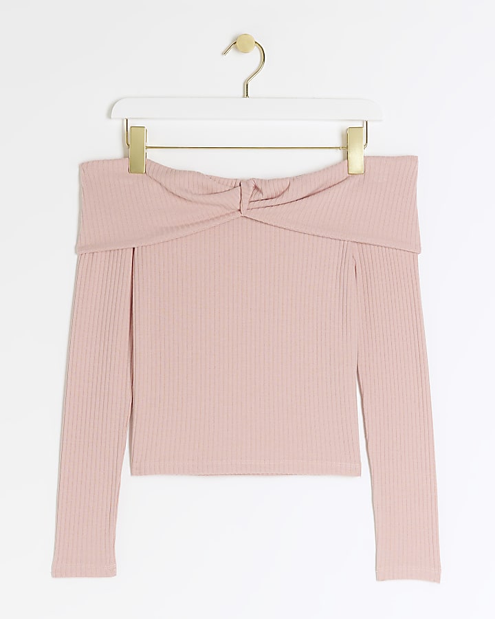 Pink ribbed knot bardot top