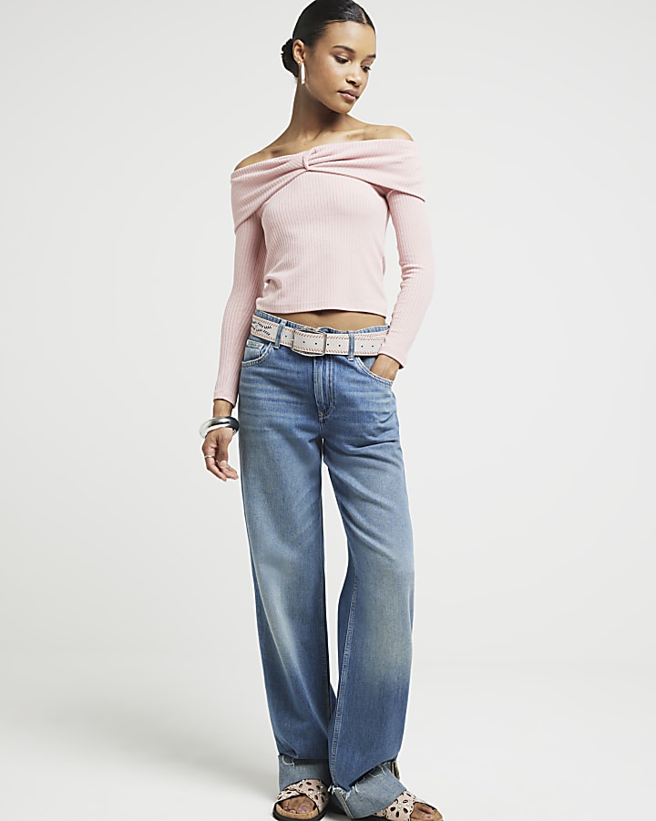 Pink ribbed knot bardot top