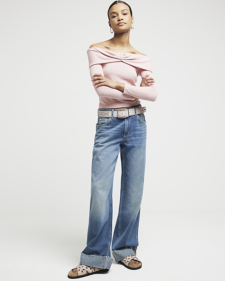 Pink ribbed knot bardot top