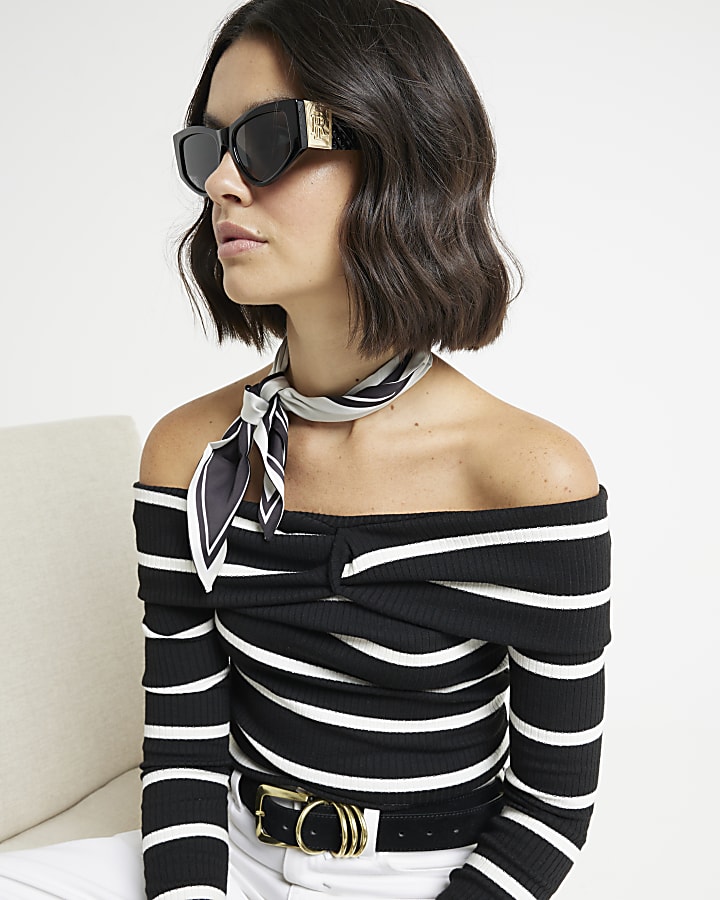 Black ribbed stripe knot bardot top