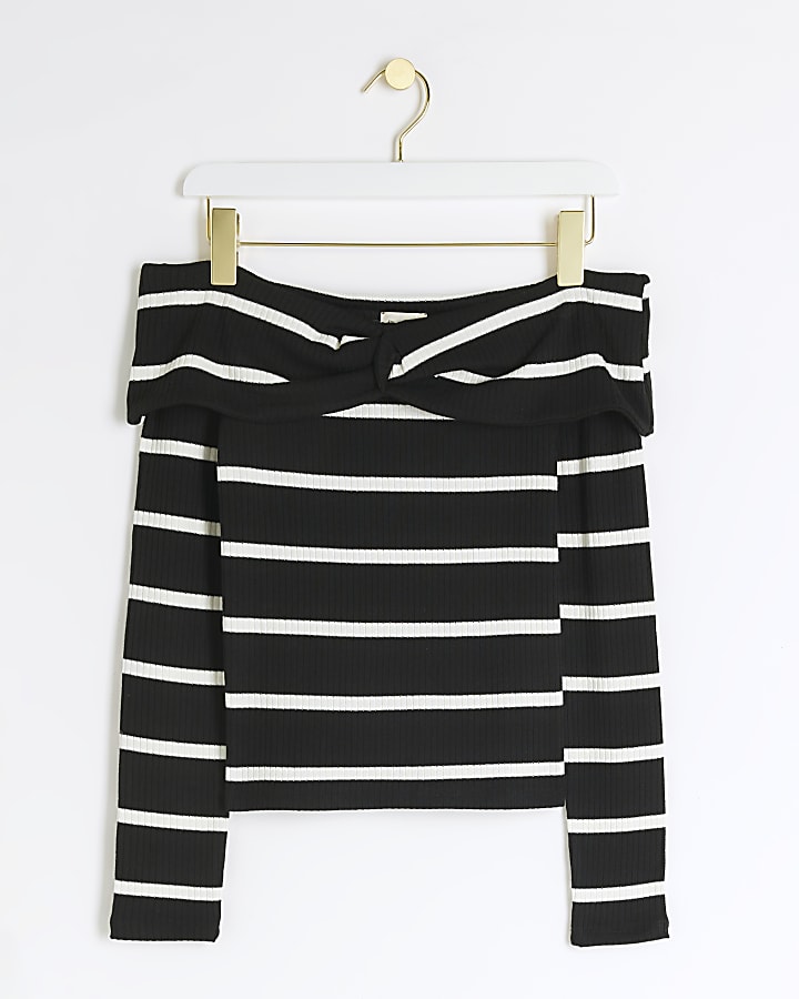 Black ribbed stripe knot bardot top