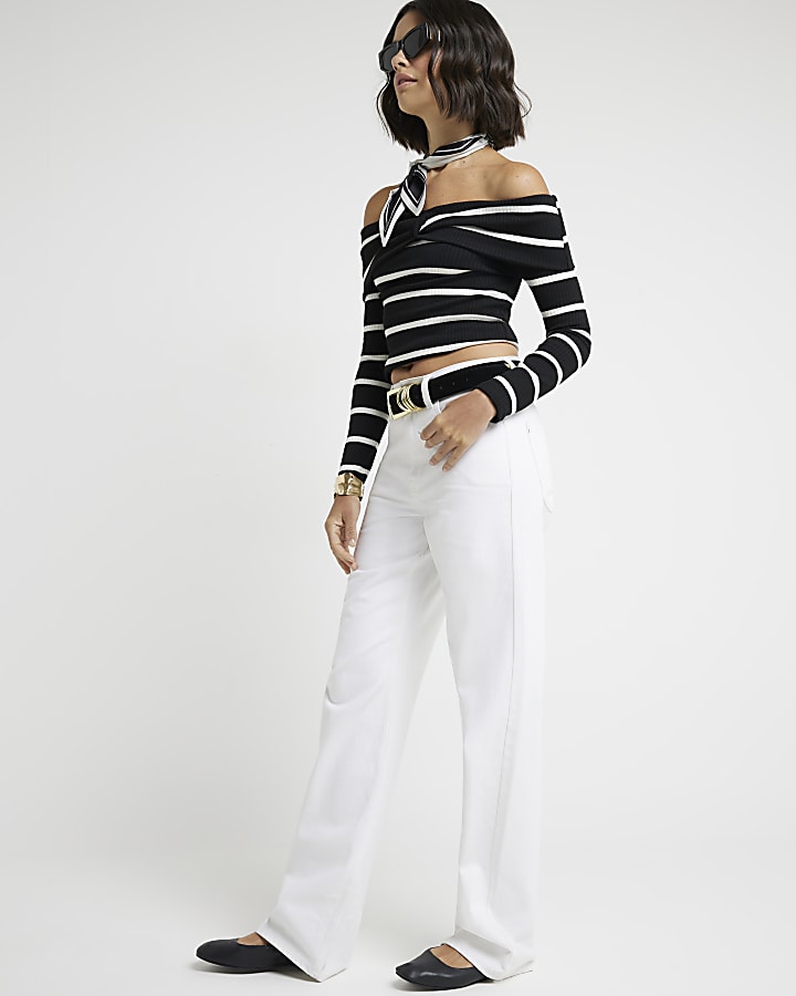 Black ribbed stripe knot bardot top